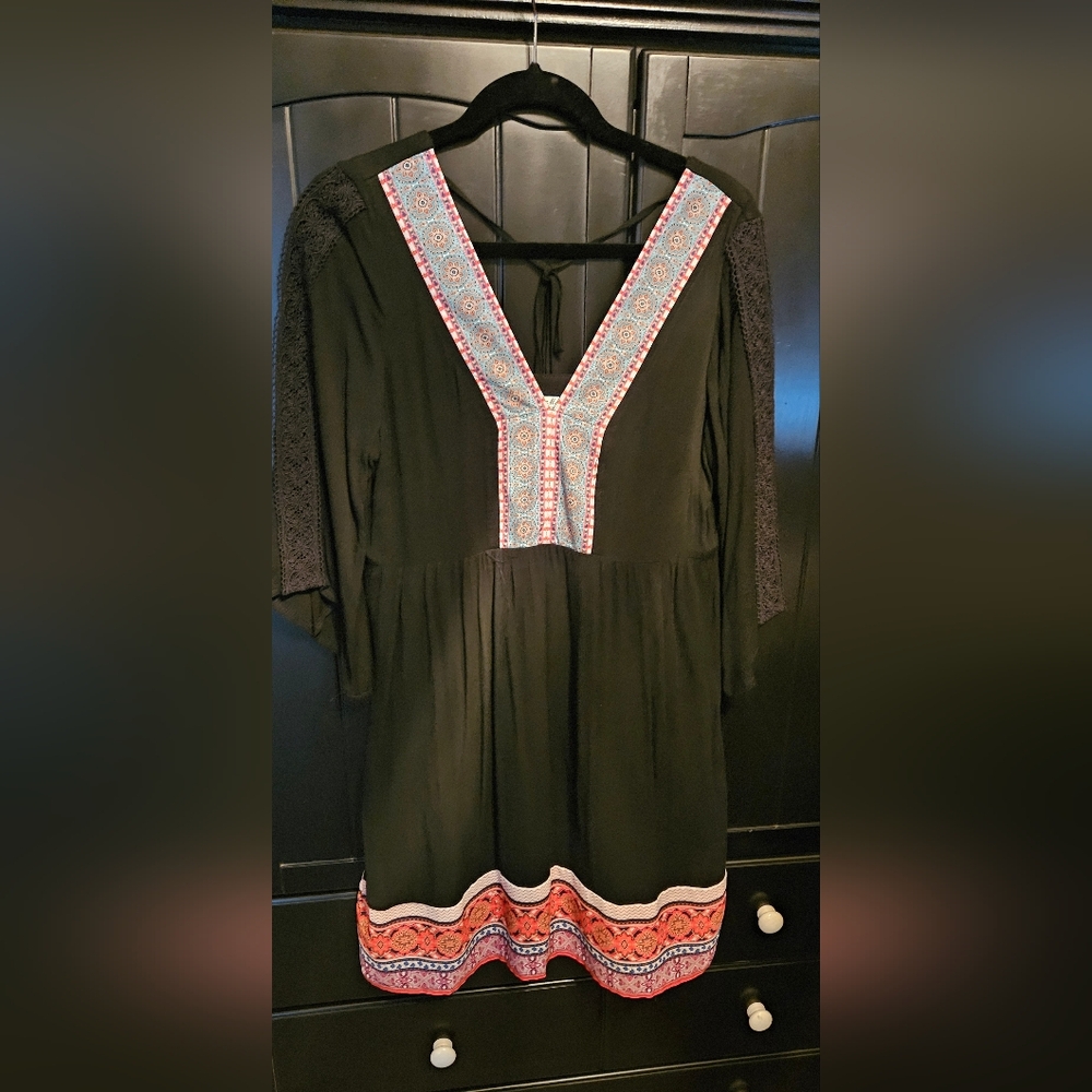 Black Dress With Embroidered Sleeves. Low Back. Never Worn